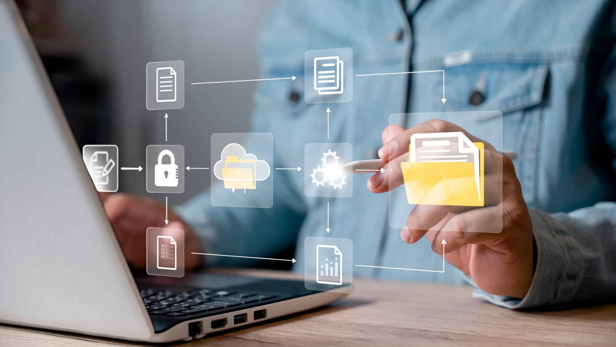 Document Management System concept. Digital asset management, Document imaging, Workflow, Enterprise content management, Records management, Online document file data software for efficient archiving.
